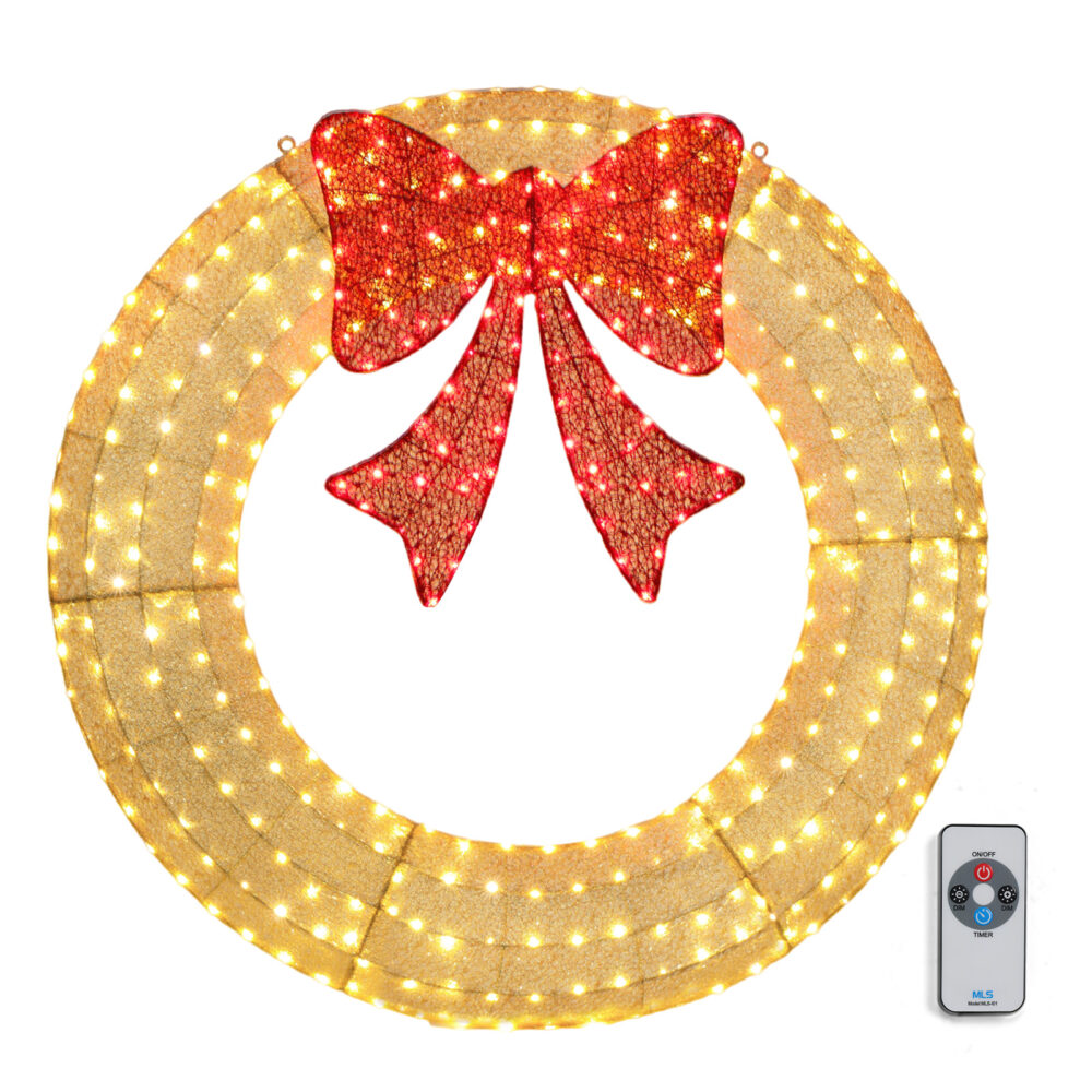 48in Pre-Lit Outdoor Christmas Wreath Decoration, LED Metal Holiday Decor for Home Exterior, Garden w/ 315 Lights, Bow - Gold/Red #SY-12224842