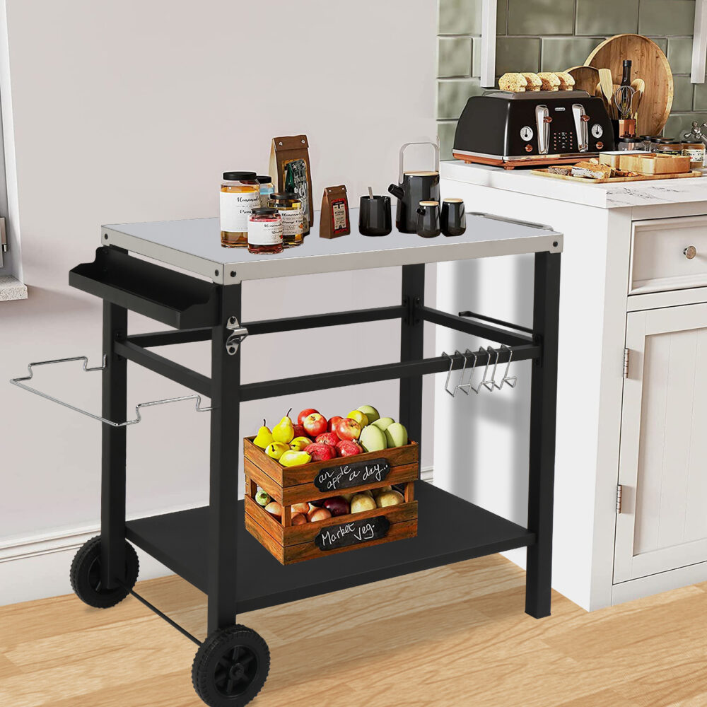 Stainless Steel Flattop Grill Cart, Movable BBQ Trolley Food Prep Cart, Multifunctional Worktable Island with Two Wheels, Hooks #SY-61481782 - Image 3