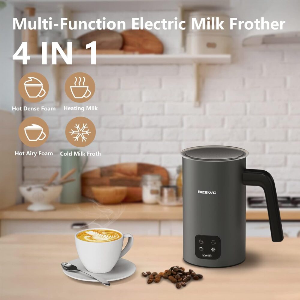 Frother for Coffee, Milk Frother, 4 IN 1 Automatic Hot and Cold Foam Maker, BIZEWO Stainless Steel Milk Steamer for Latte, Cappuccinos, Macchiato, Hot Chocolate Milk with LED Touch #JL06-02429932 - Image 4