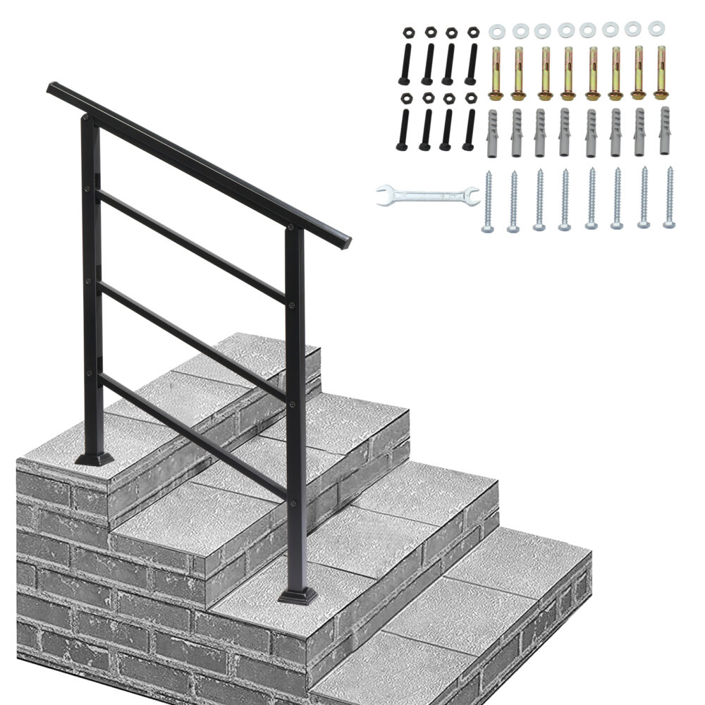 Handrails for Outdoor Steps, Wrought Iron Handrail Fits 1 or 3 Steps, Transitional Handrail with Installation Kit, Black #SY-66442124 - Image 6