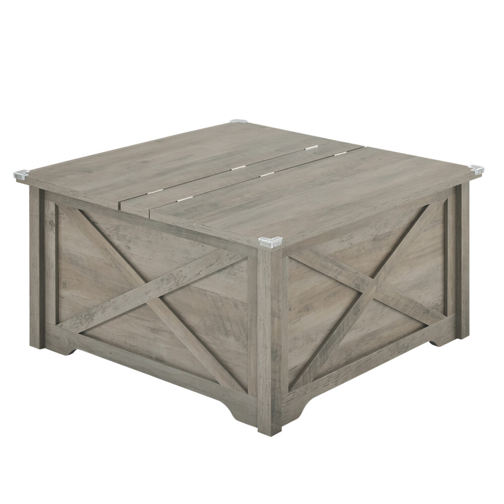 Farmhouse Coffee Table, Square Wood Center Table with Large Hidden Storage Compartment for Living Room, Rustic Cocktail Table with Hinged Lift Top for Home, Rustic Gray #JL06-02342395 - Image 7