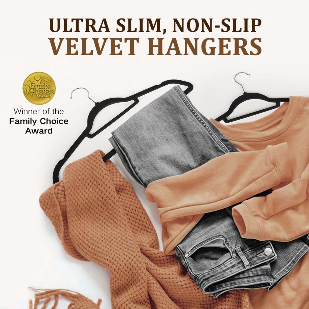 Velvet Hangers - 60PCS Black Space-saving & Non-slip. with Tie Bar and Shoulder Notch. Highly Durable for Suits, Coats, Shirts, Pants and Dresses. Slim Design with 360° Swivel Hook. #JL06-70679556 - Image 11