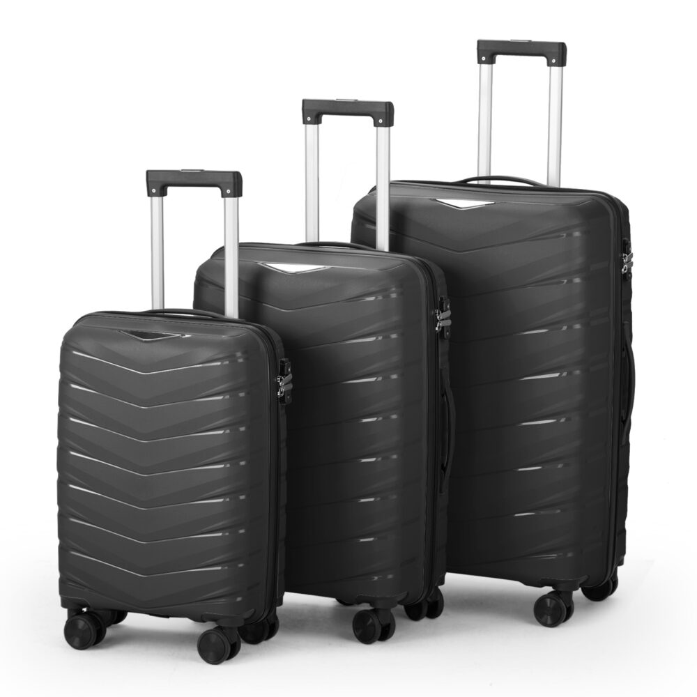 FCH V-striped 3-in-1 PP trolley case 20in 24in 28in PP iron trolley classic color - black (grained pattern) #SY-04244937 - Image 5