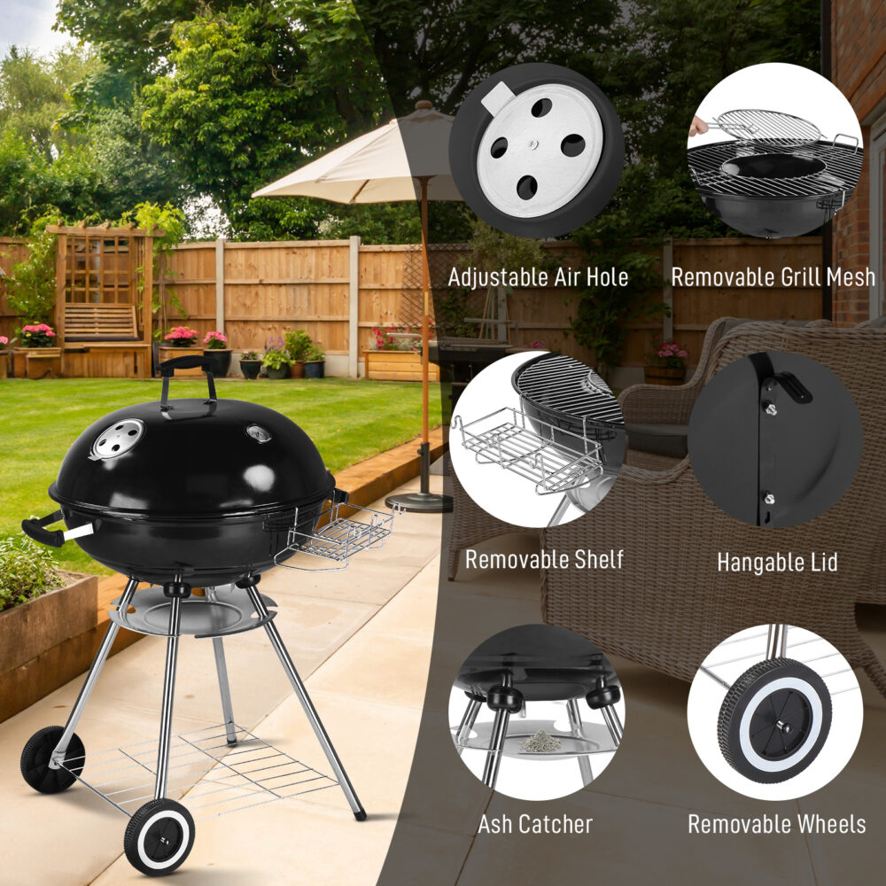 28-Inch Portable Charcoal Grill with Wheels and Storage Holder, Porcelain-Enameled Lid and Ash Catcher & Thermometer, Round Barbecue Kettle Grill Bowl Wheels for Outdoor Party Camping Picnic #SY-65389357 - Image 11