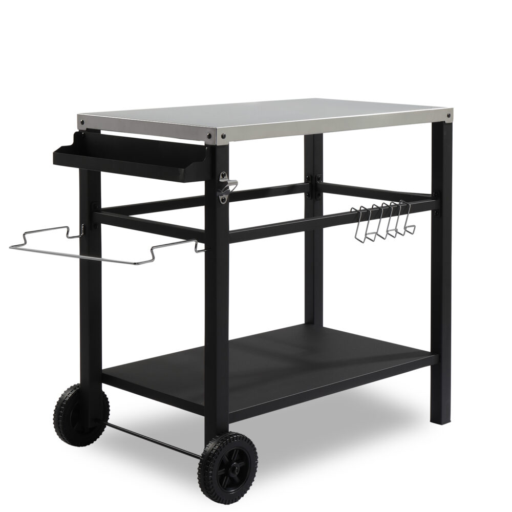 Stainless Steel Flattop Grill Cart, Movable BBQ Trolley Food Prep Cart, Multifunctional Worktable Island with Two Wheels, Hooks #SY-61481782