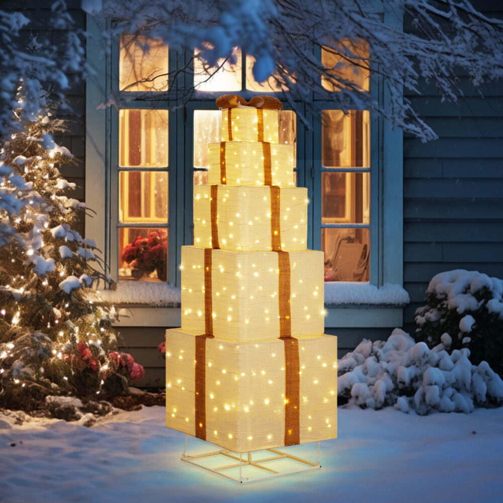 6FT Lighted Gift Box Tower, Pre-lit Pull Up Present Boxes with 200 LED Warm White Lights and Ropes Stakes for Christmas Outdoor Indoor Decorations Lighted Holiday Displays, Beige #SY-11311088 - Image 4