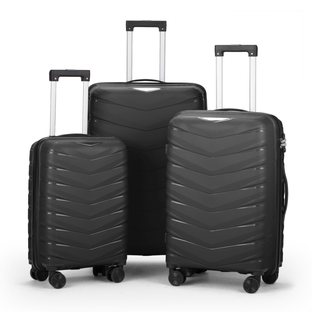 FCH V-striped 3-in-1 PP trolley case 20in 24in 28in PP iron trolley classic color - black (grained pattern) #SY-04244937 - Image 10