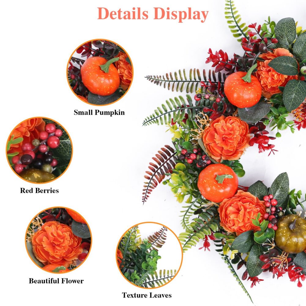 17.71" Autumn Wreath with Pumpkin Mixed Leaves Berries Flowers Fall Decoration for Indoor Outdoor Window Wall Front Door in Halloween Thanks Giving Day #SY-59165949 - Image 4