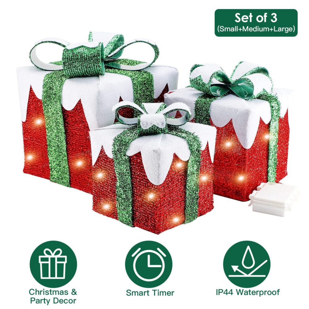 Set of 3 Lighted Gift Boxes Christmas Decoration IP44 Waterproof Light up Gift Box with 3 Bows Timer 60 LED Warm White Lights Party Decor christmas Decor #SY-72788705 - Image 5