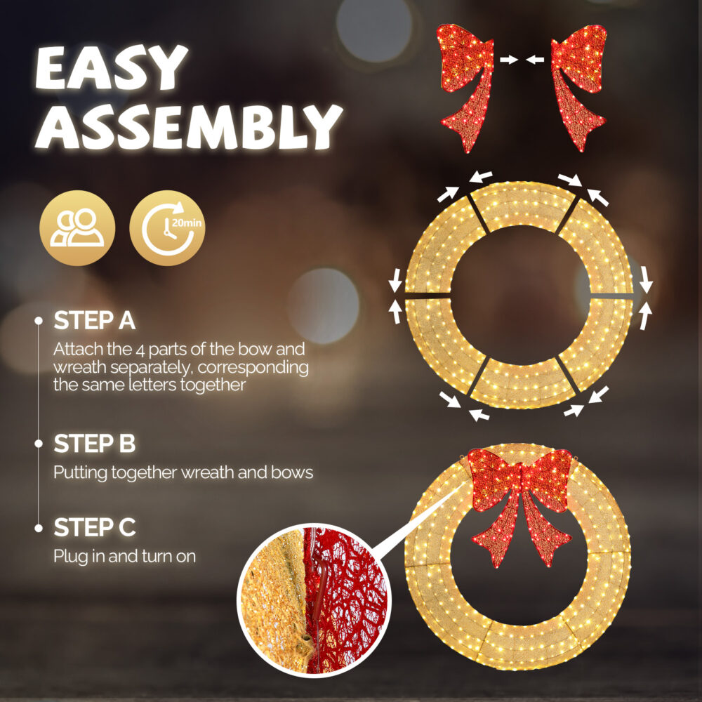 48in Pre-Lit Outdoor Christmas Wreath Decoration, LED Metal Holiday Decor for Home Exterior, Garden w/ 315 Lights, Bow - Gold/Red #SY-12224842 - Image 6