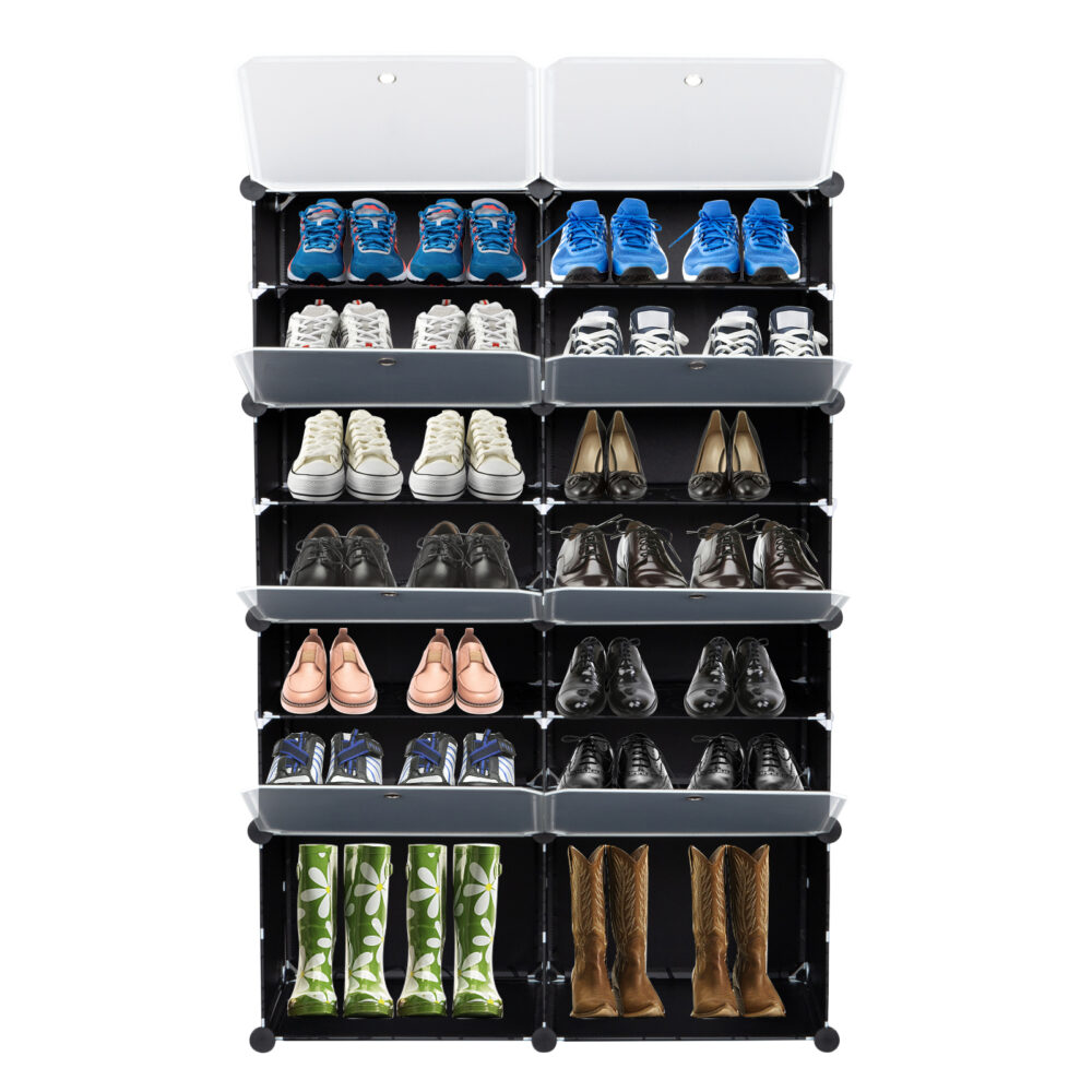 7-Tier Portable 28 Pair Shoe Rack Organizer 14 Grids Tower Shelf Storage Cabinet Stand Expandable for Heels, Boots, Slippers, Black #SY-95760738 - Image 9