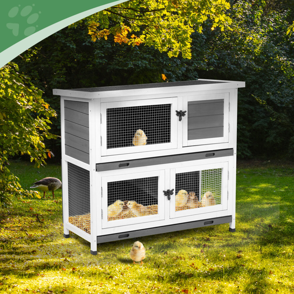 2 Story Solid Wood Rabbit Hutch Bunny Cage with 2 Large Main Rooms, Indoor Outdoor Rabbit House Guinea Pig Cage Pet House for Small Animals with 2 Removable Trays, Grey #JL06-92572519 - Image 12