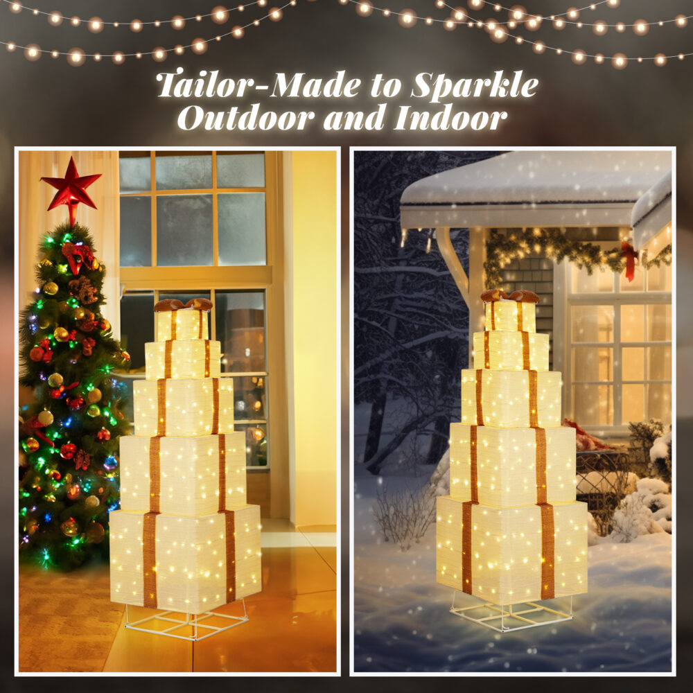 6FT Lighted Gift Box Tower, Pre-lit Pull Up Present Boxes with 200 LED Warm White Lights and Ropes Stakes for Christmas Outdoor Indoor Decorations Lighted Holiday Displays, Beige #SY-11311088 - Image 5