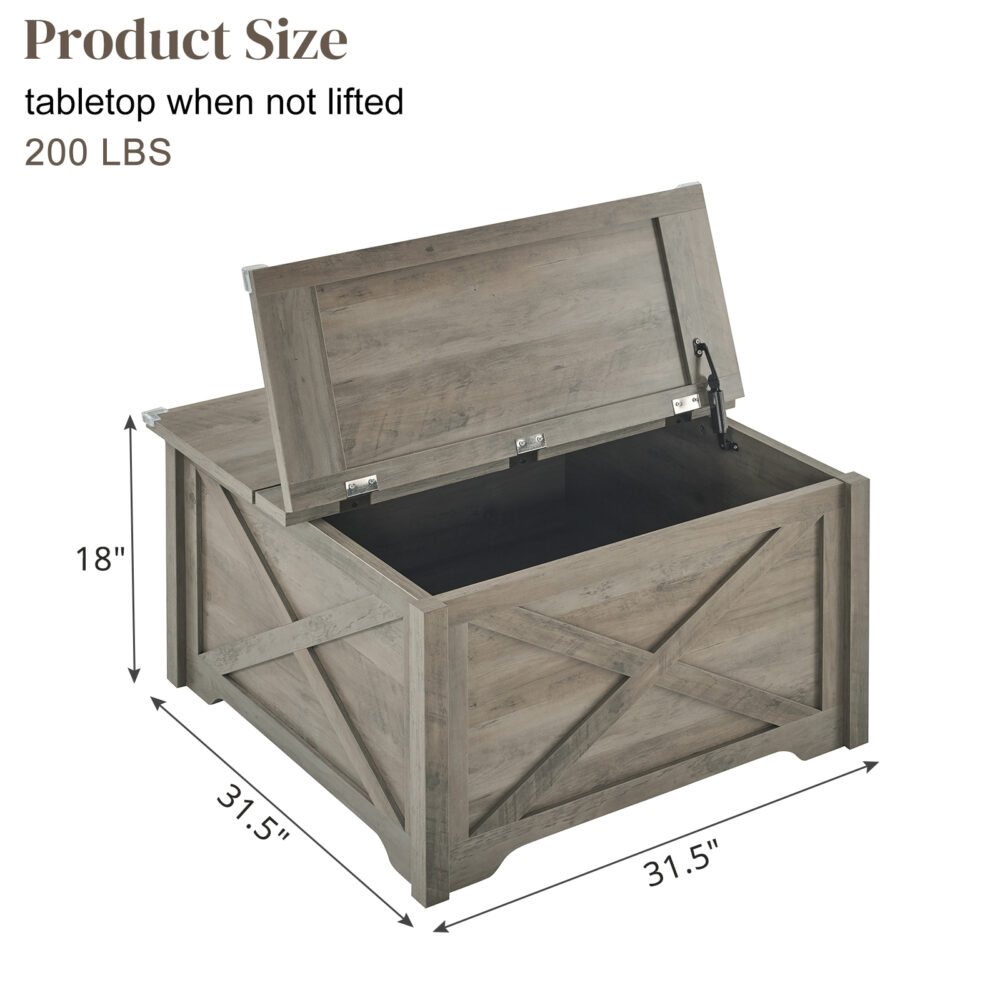 Farmhouse Coffee Table, Square Wood Center Table with Large Hidden Storage Compartment for Living Room, Rustic Cocktail Table with Hinged Lift Top for Home, Rustic Gray #JL06-02342395 - Image 9