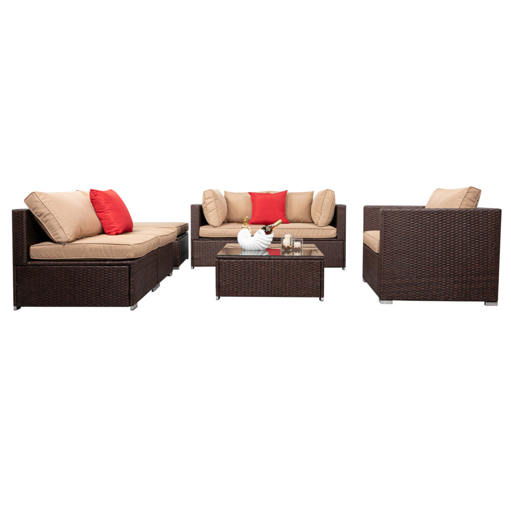 7 Pieces Wood Grain Patio PE Wicker Rattan Corner Sofa Set #JL06-09272608 - Image 9