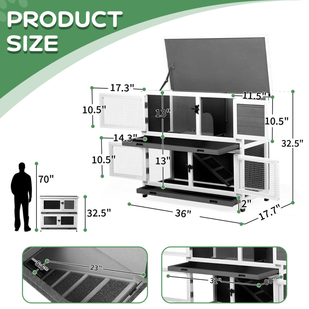 2 Story Solid Wood Rabbit Hutch Bunny Cage with 2 Large Main Rooms, Indoor Outdoor Rabbit House Guinea Pig Cage Pet House for Small Animals with 2 Removable Trays, Grey #JL06-92572519 - Image 14