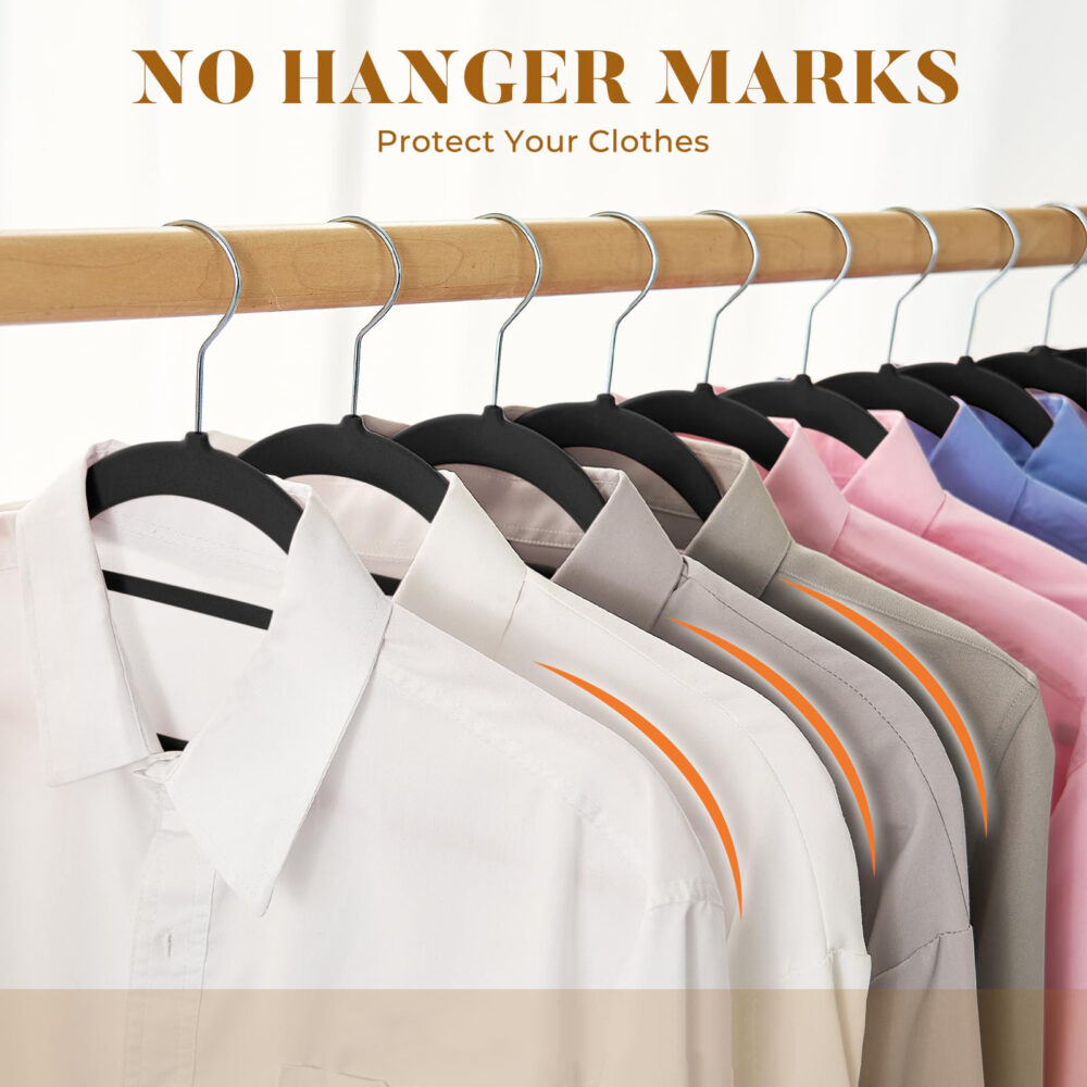 Velvet Hangers - 60PCS Black Space-saving & Non-slip. with Tie Bar and Shoulder Notch. Highly Durable for Suits, Coats, Shirts, Pants and Dresses. Slim Design with 360° Swivel Hook. #JL06-70679556 - Image 14