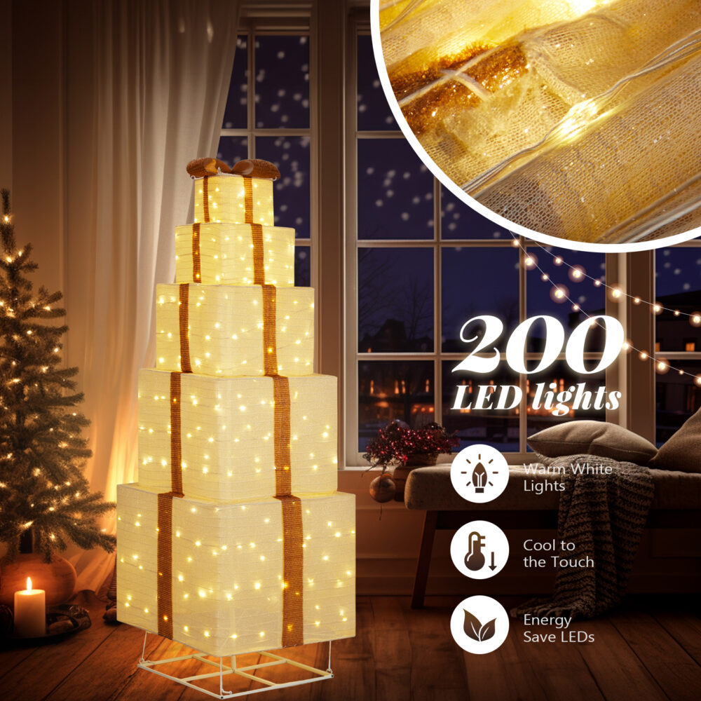 6FT Lighted Gift Box Tower, Pre-lit Pull Up Present Boxes with 200 LED Warm White Lights and Ropes Stakes for Christmas Outdoor Indoor Decorations Lighted Holiday Displays, Beige #SY-11311088 - Image 6