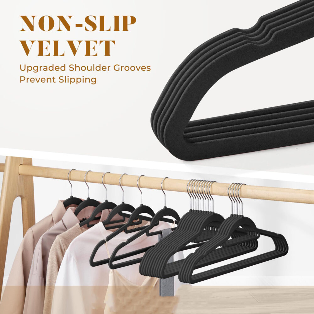 Velvet Hangers - 60PCS Black Space-saving & Non-slip. with Tie Bar and Shoulder Notch. Highly Durable for Suits, Coats, Shirts, Pants and Dresses. Slim Design with 360° Swivel Hook. #JL06-70679556 - Image 15