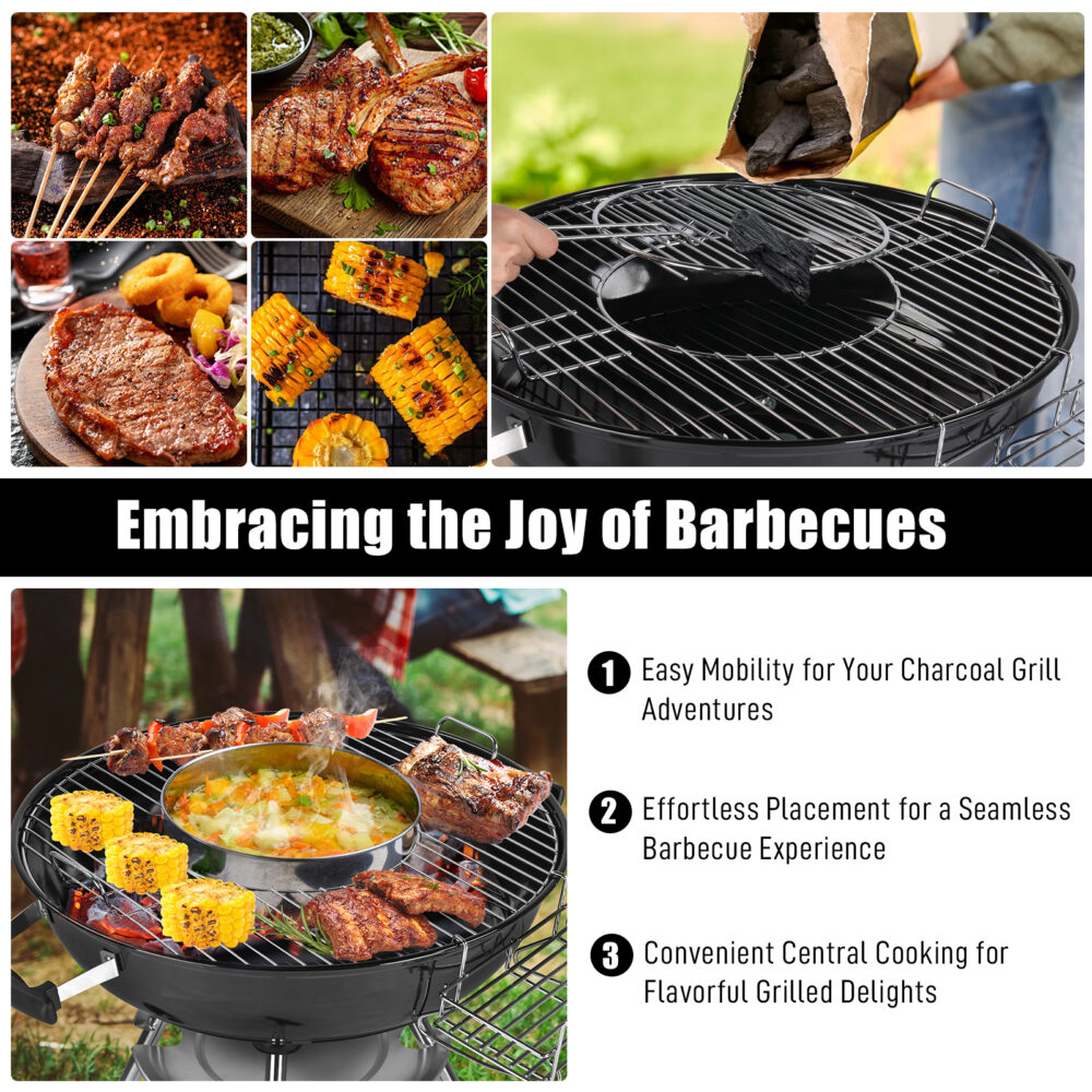 28-Inch Portable Charcoal Grill with Wheels and Storage Holder, Porcelain-Enameled Lid and Ash Catcher & Thermometer, Round Barbecue Kettle Grill Bowl Wheels for Outdoor Party Camping Picnic #SY-65389357 - Image 16