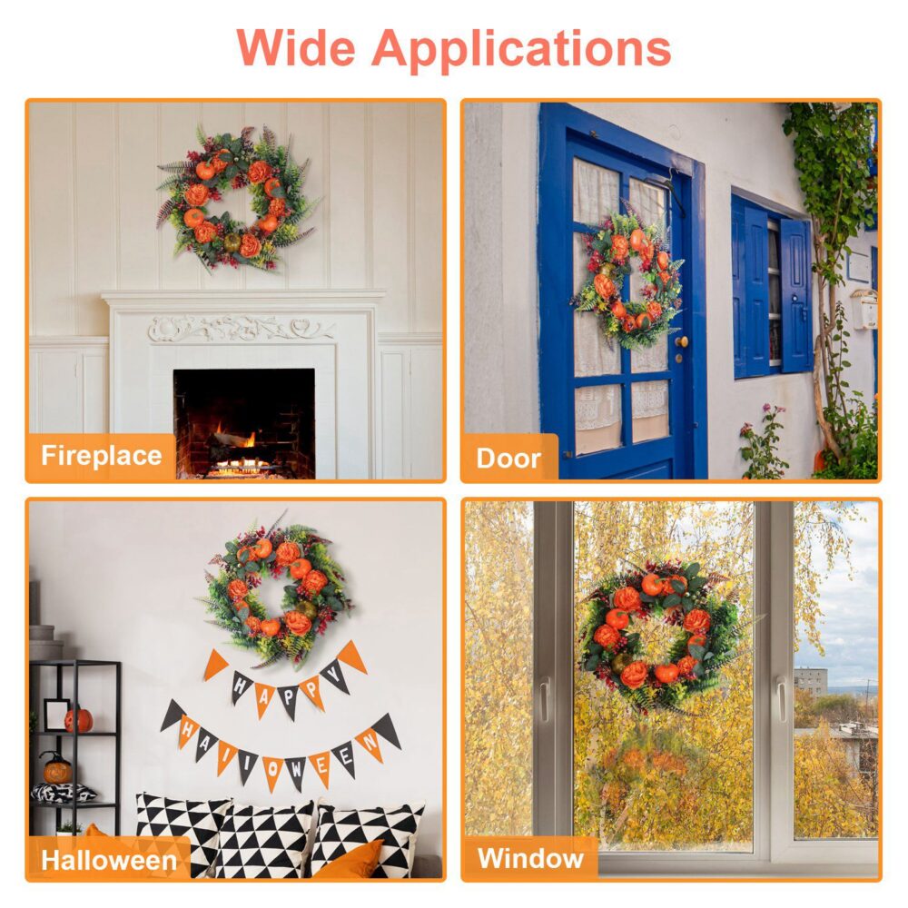 17.71" Autumn Wreath with Pumpkin Mixed Leaves Berries Flowers Fall Decoration for Indoor Outdoor Window Wall Front Door in Halloween Thanks Giving Day #SY-59165949 - Image 7