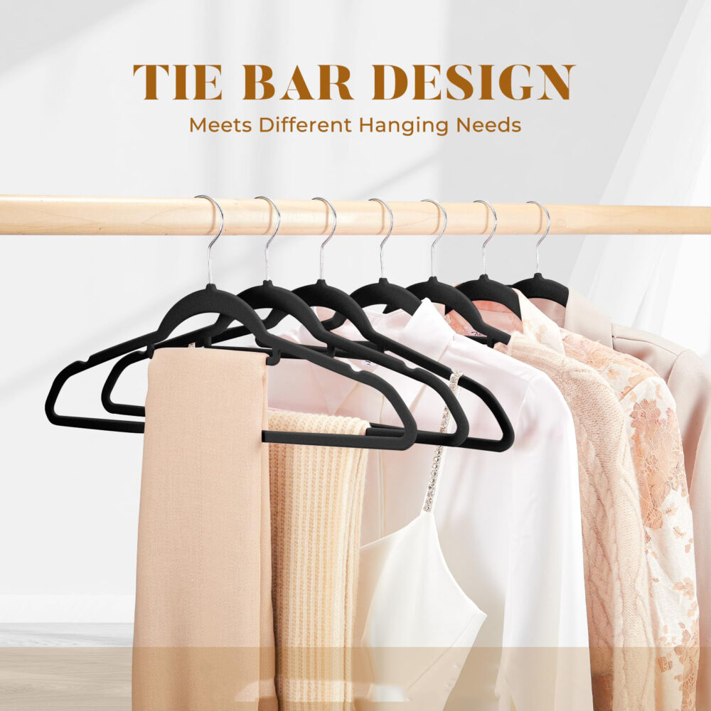 Velvet Hangers - 60PCS Black Space-saving & Non-slip. with Tie Bar and Shoulder Notch. Highly Durable for Suits, Coats, Shirts, Pants and Dresses. Slim Design with 360° Swivel Hook. #JL06-70679556 - Image 16