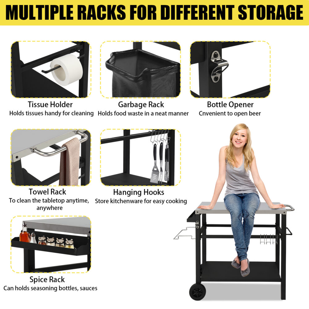 Stainless Steel Flattop Grill Cart, Movable BBQ Trolley Food Prep Cart, Multifunctional Worktable Island with Two Wheels, Hooks #SY-61481782 - Image 13