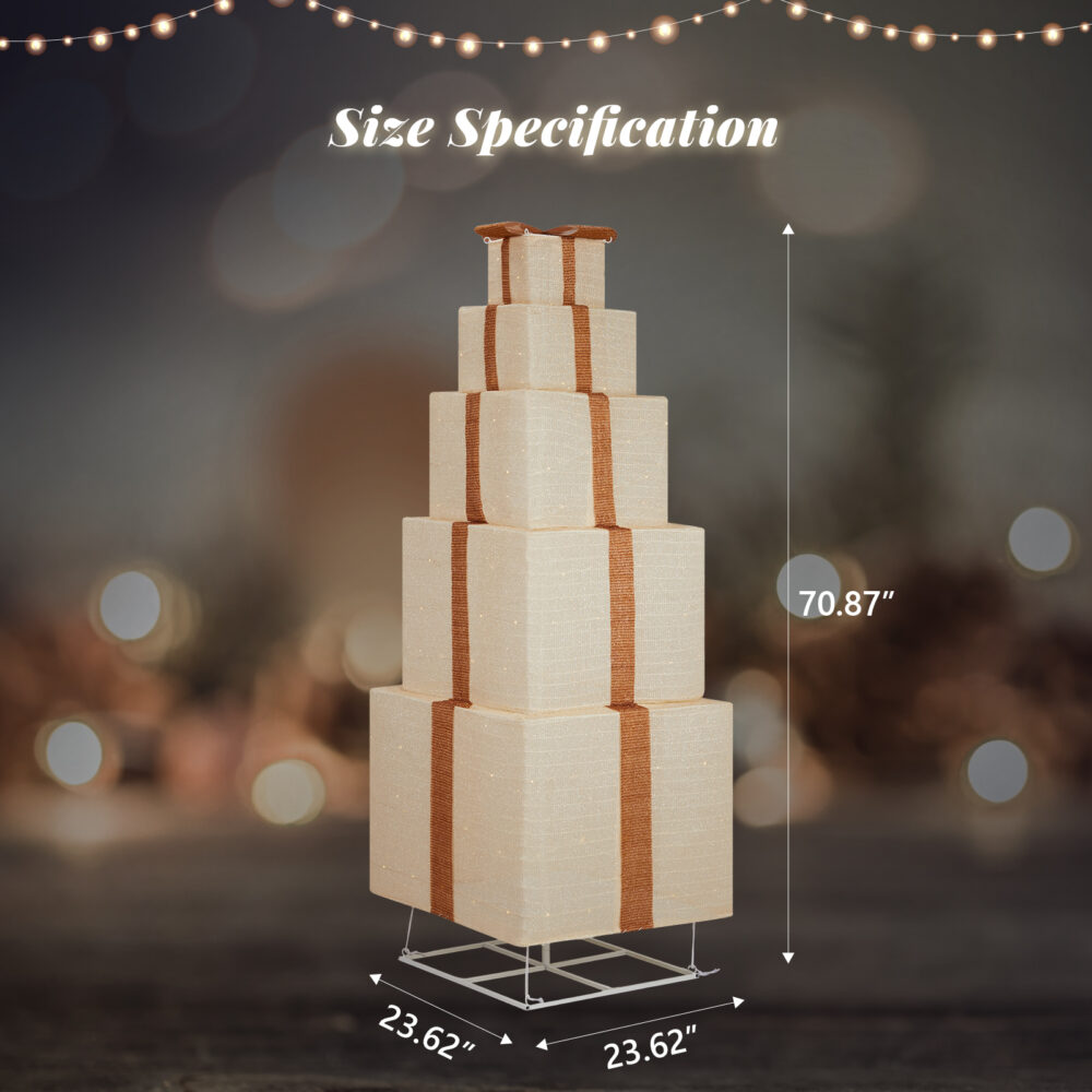 6FT Lighted Gift Box Tower, Pre-lit Pull Up Present Boxes with 200 LED Warm White Lights and Ropes Stakes for Christmas Outdoor Indoor Decorations Lighted Holiday Displays, Beige #SY-11311088 - Image 7