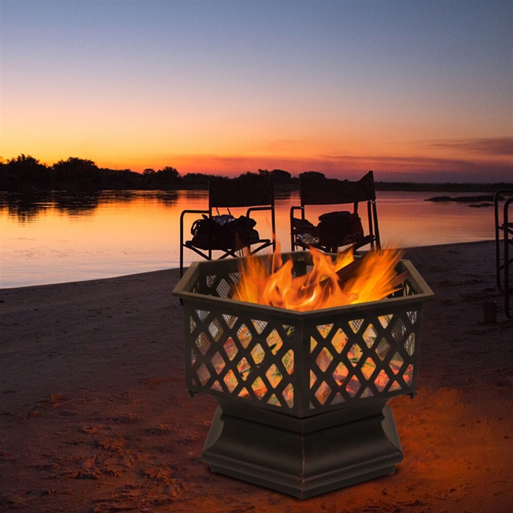 22" Hexagonal Shaped Iron Brazier Wood Burning Fire Pit Decoration for Backyard Poolside #SY-06542003