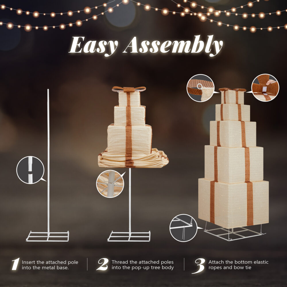 6FT Lighted Gift Box Tower, Pre-lit Pull Up Present Boxes with 200 LED Warm White Lights and Ropes Stakes for Christmas Outdoor Indoor Decorations Lighted Holiday Displays, Beige #SY-11311088 - Image 8