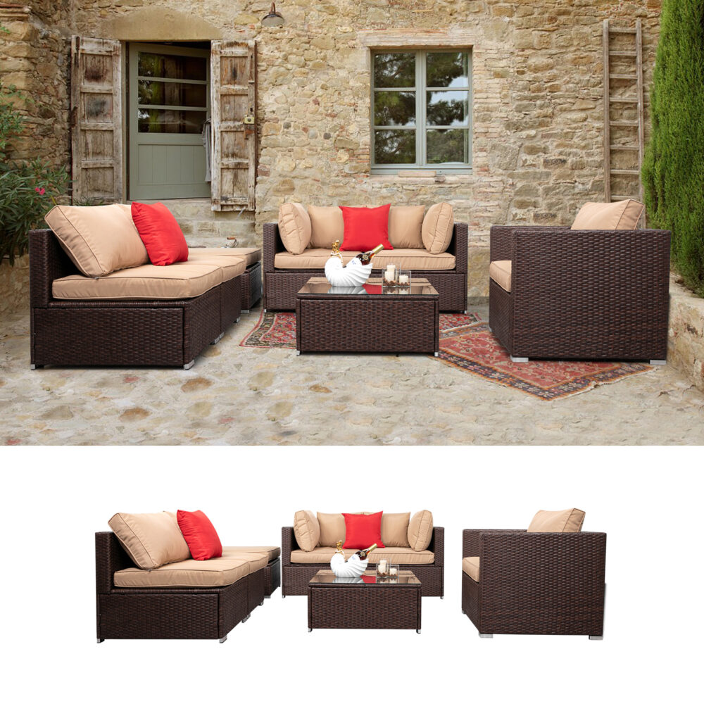 7 Pieces Wood Grain Patio PE Wicker Rattan Corner Sofa Set #JL06-09272608 - Image 12