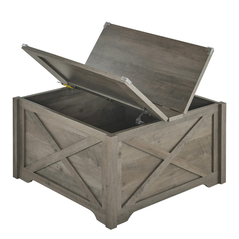 Farmhouse Coffee Table, Square Wood Center Table with Large Hidden Storage Compartment for Living Room, Rustic Cocktail Table with Hinged Lift Top for Home, Rustic Gray #JL06-02342395 - Image 11