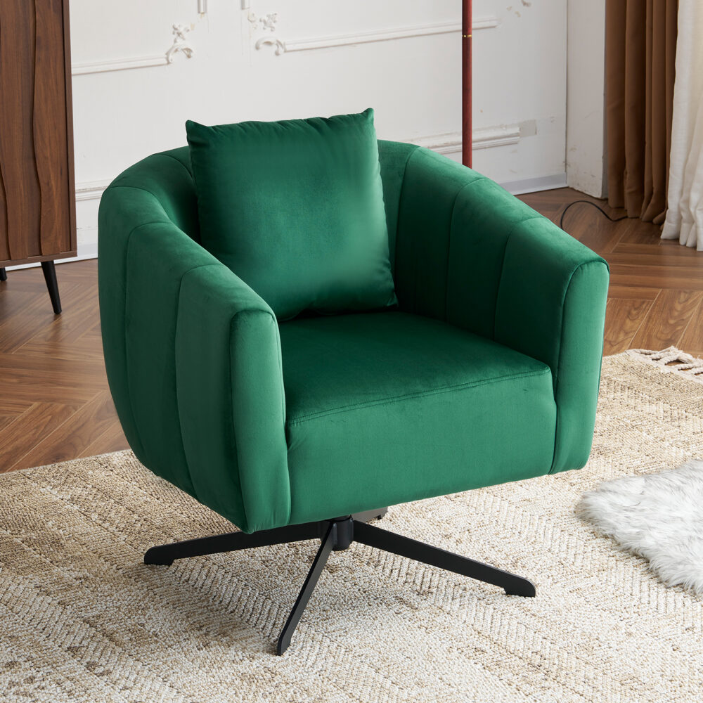 360° Swivel Accent Chair, Modern Velvet Fabric Living Room Armchair, Comfy Wide Upholstered with Fluffy Cushion and Metal Legs, Barrel Chairs for Living Room, Lounge, Office Green #JL06-18494969