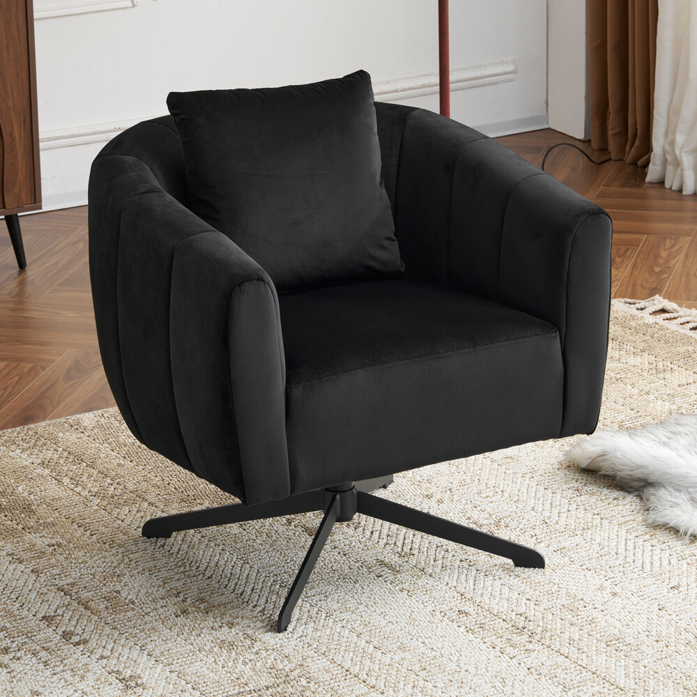 360° Swivel Accent Chair, Modern Velvet Fabric Living Room Armchair, Comfy Wide Upholstered with Fluffy Cushion and Metal Legs, Barrel Chairs for Living Room, Lounge, Office Black #JL06-98364052