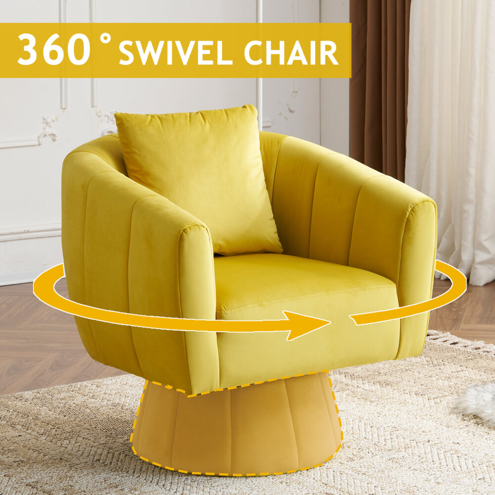 360° Swivel Accent Chair, Modern Velvet Fabric Living Room Armchair with Fluffy Cushions, Comfy Wide Upholstered, Barrel Accent Chairs for Living Room, Bedroom, Lounge, Office Yellow #JL06-26398206 - Image 15