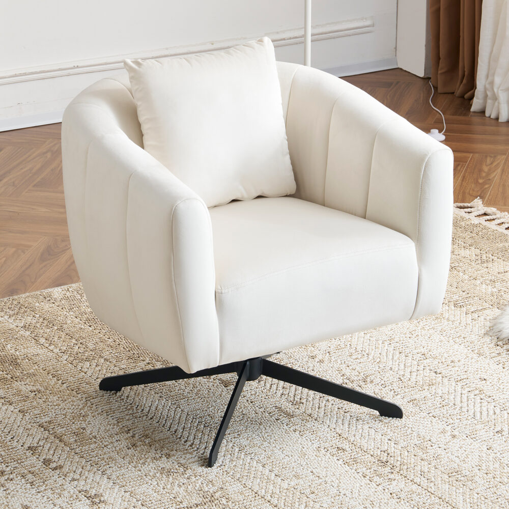 360° Swivel Accent Chair, Modern Velvet Fabric Living Room Armchair, Comfy Wide Upholstered with Fluffy Cushion and Metal Legs, Barrel Chairs for Living Room, Lounge, Office Off white #JL06-44859684