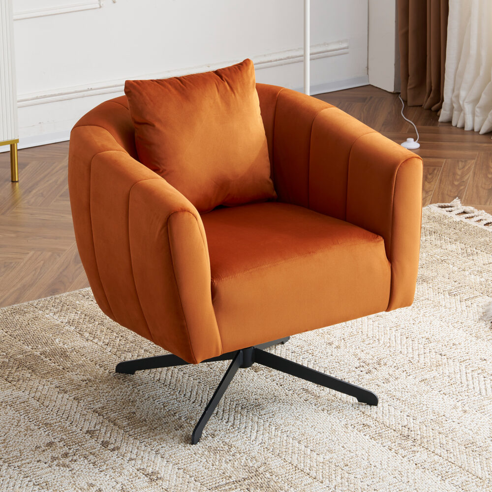 360° Swivel Accent Chair, Modern Velvet Fabric Living Room Armchair, Comfy Wide Upholstered with Fluffy Cushion and Metal Legs, Barrel Chairs for Living Room, Lounge, Office Burnt orange #JL06-45744655