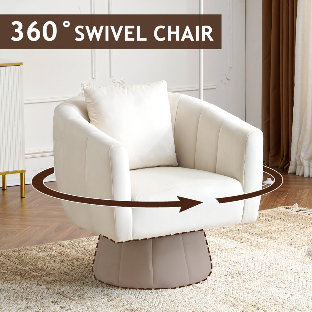 360° Swivel Accent Chair, Modern Velvet Fabric Living Room Armchair with Fluffy Cushions, Comfy Wide Upholstered, Barrel Accent Chairs for Living Room, Bedroom, Lounge, Office Off-White #JL06-43392316 - Image 3