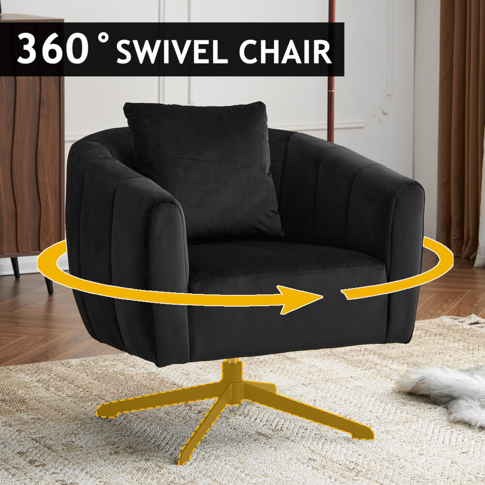 360° Swivel Accent Chair, Modern Velvet Fabric Living Room Armchair, Comfy Wide Upholstered with Fluffy Cushion and Metal Legs, Barrel Chairs for Living Room, Lounge, Office Black #JL06-98364052 - Image 3