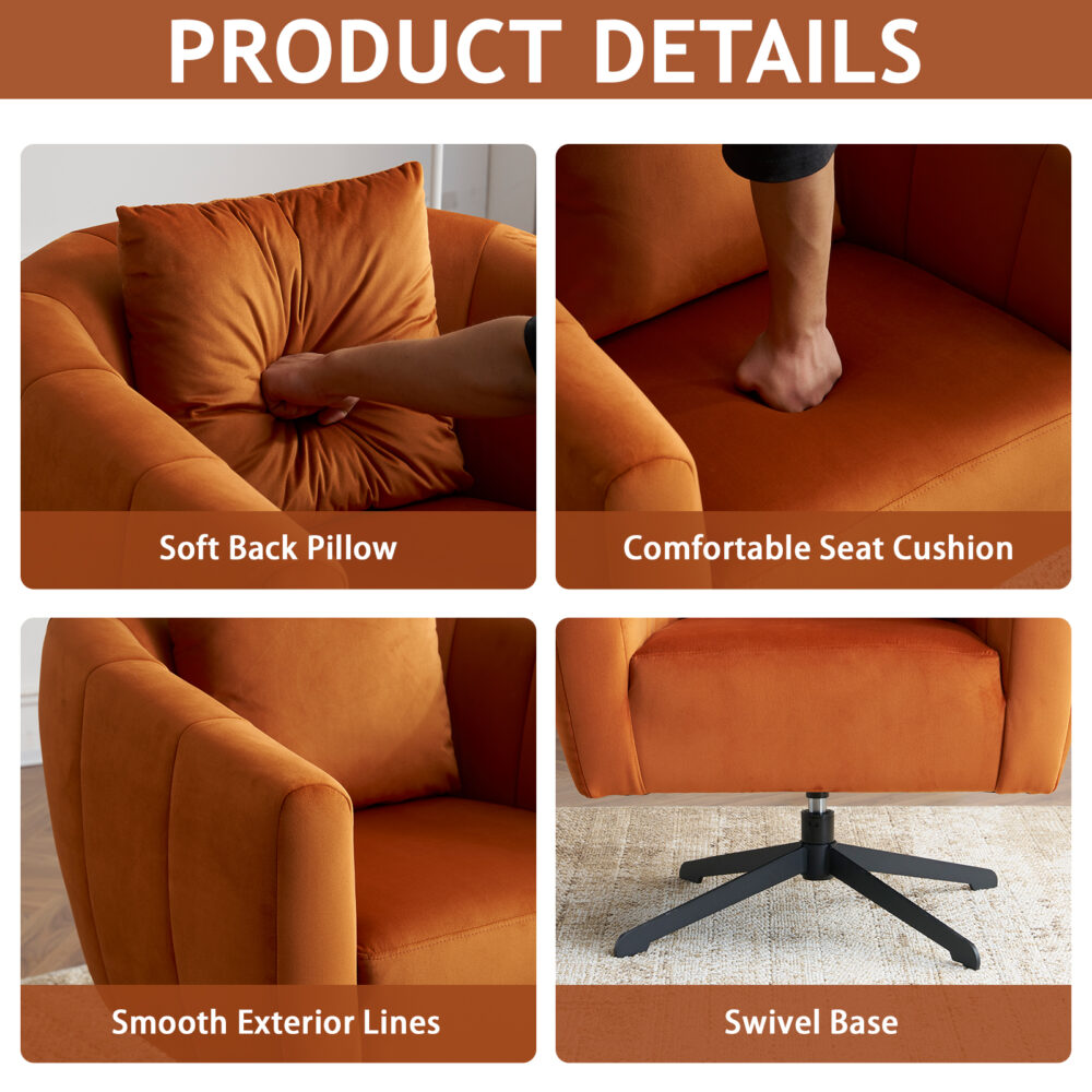 360° Swivel Accent Chair, Modern Velvet Fabric Living Room Armchair, Comfy Wide Upholstered with Fluffy Cushion and Metal Legs, Barrel Chairs for Living Room, Lounge, Office Burnt orange #JL06-45744655 - Image 9