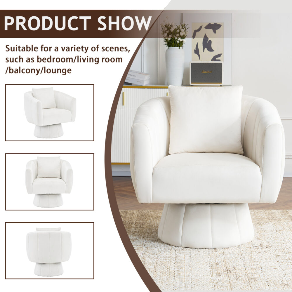 360° Swivel Accent Chair, Modern Velvet Fabric Living Room Armchair with Fluffy Cushions, Comfy Wide Upholstered, Barrel Accent Chairs for Living Room, Bedroom, Lounge, Office Off-White #JL06-43392316 - Image 9