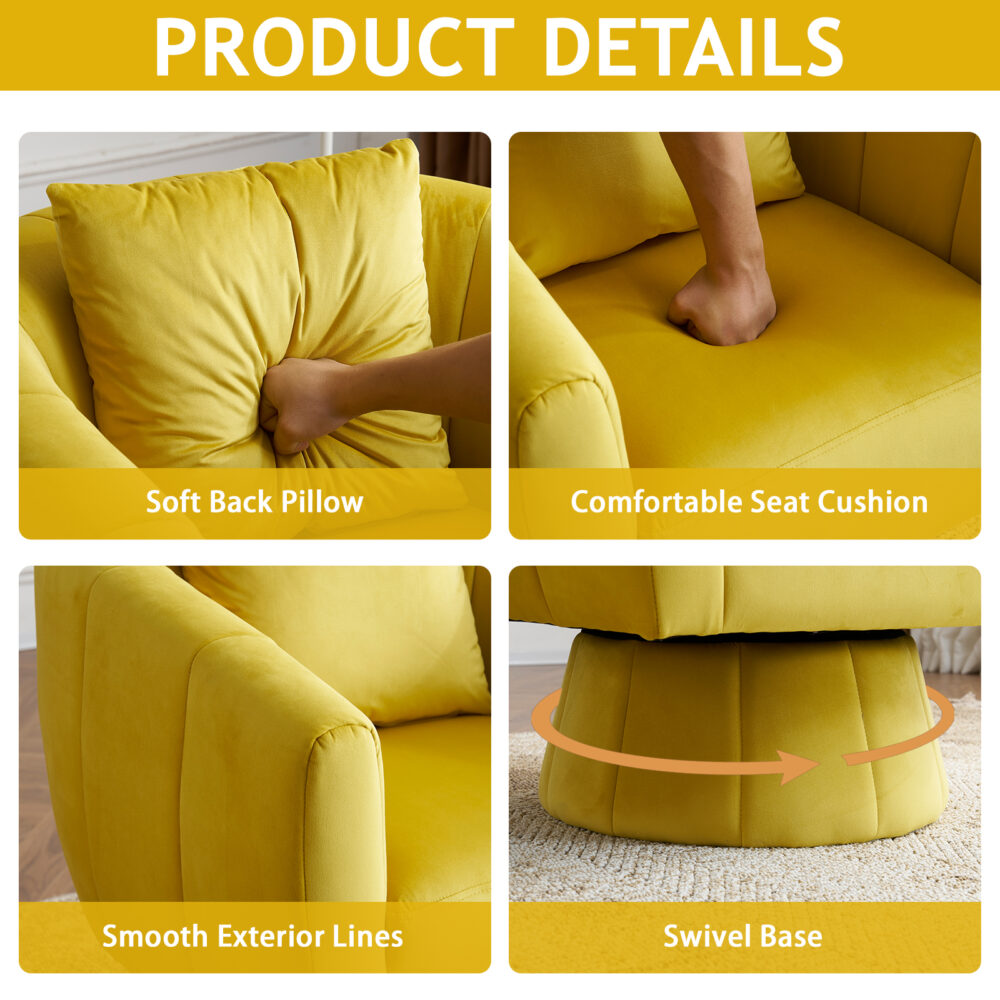 360° Swivel Accent Chair, Modern Velvet Fabric Living Room Armchair with Fluffy Cushions, Comfy Wide Upholstered, Barrel Accent Chairs for Living Room, Bedroom, Lounge, Office Yellow #JL06-26398206 - Image 11