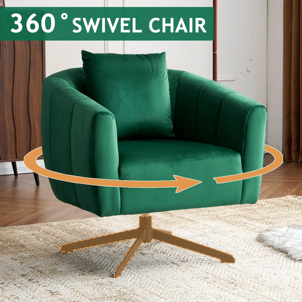 360° Swivel Accent Chair, Modern Velvet Fabric Living Room Armchair, Comfy Wide Upholstered with Fluffy Cushion and Metal Legs, Barrel Chairs for Living Room, Lounge, Office Green #JL06-18494969 - Image 12