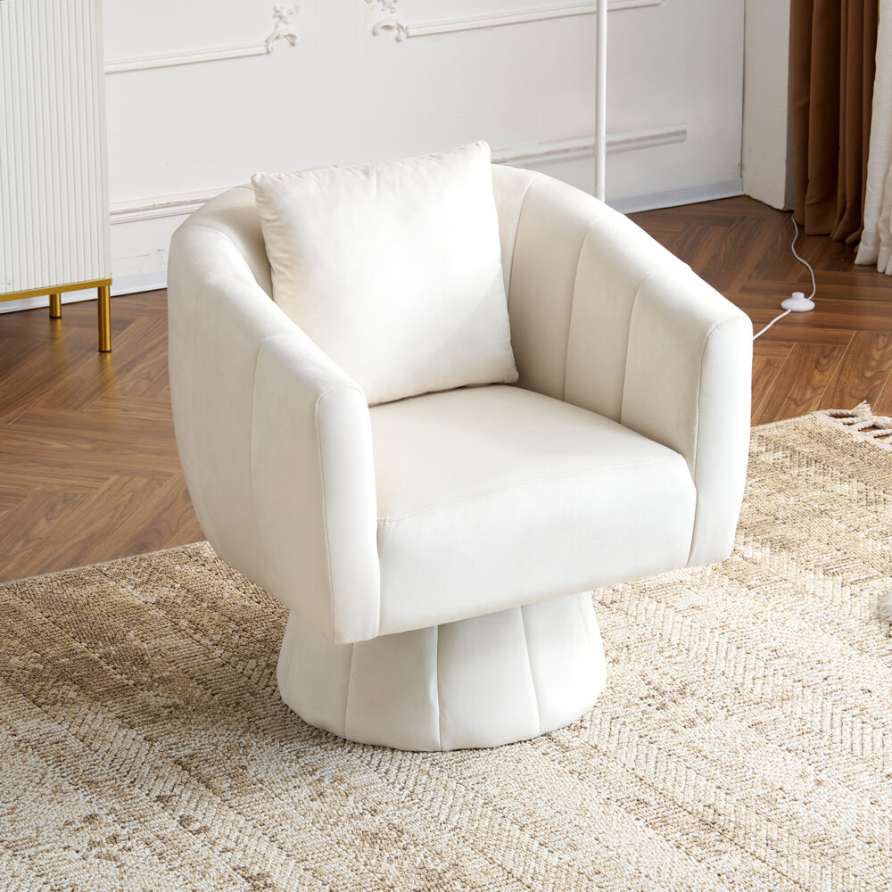 360° Swivel Accent Chair, Modern Velvet Fabric Living Room Armchair with Fluffy Cushions, Comfy Wide Upholstered, Barrel Accent Chairs for Living Room, Bedroom, Lounge, Office Off-White #JL06-43392316