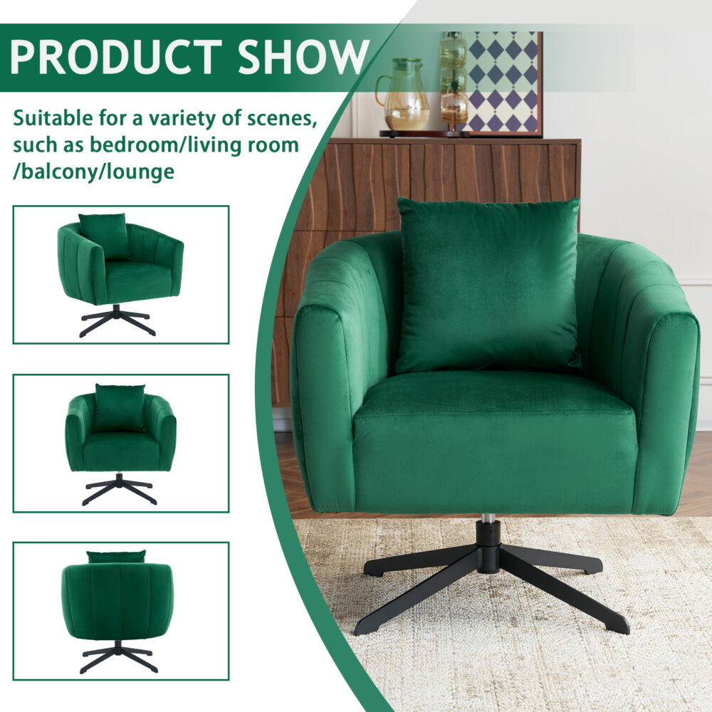 360° Swivel Accent Chair, Modern Velvet Fabric Living Room Armchair, Comfy Wide Upholstered with Fluffy Cushion and Metal Legs, Barrel Chairs for Living Room, Lounge, Office Green #JL06-18494969 - Image 2