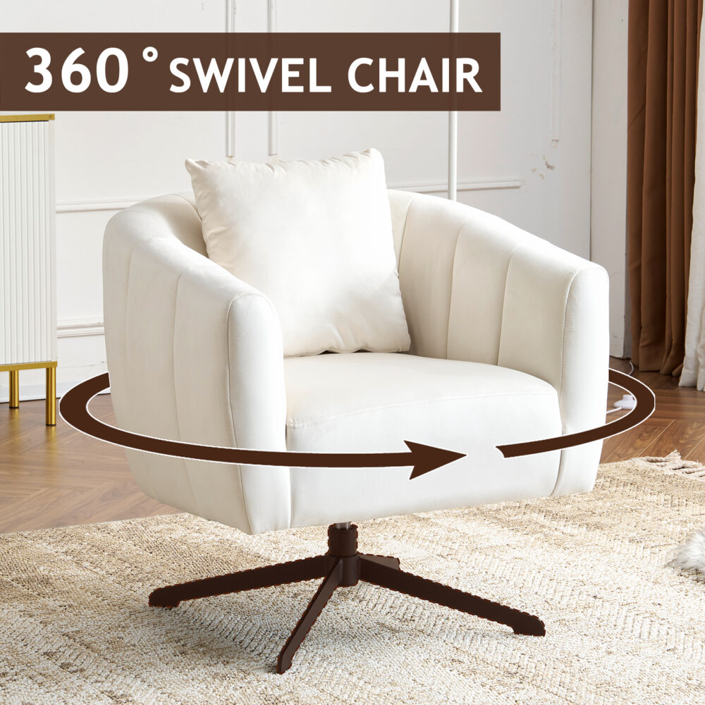 360° Swivel Accent Chair, Modern Velvet Fabric Living Room Armchair, Comfy Wide Upholstered with Fluffy Cushion and Metal Legs, Barrel Chairs for Living Room, Lounge, Office Off white #JL06-44859684 - Image 5