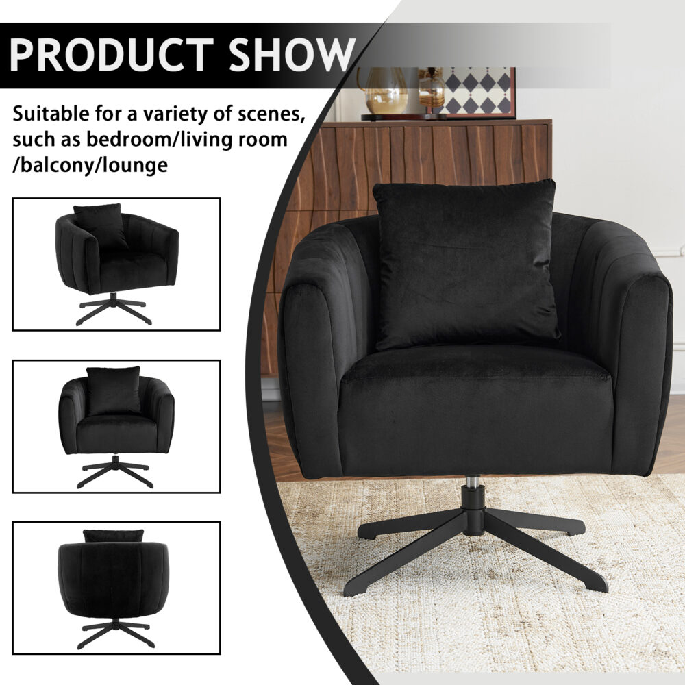 360° Swivel Accent Chair, Modern Velvet Fabric Living Room Armchair, Comfy Wide Upholstered with Fluffy Cushion and Metal Legs, Barrel Chairs for Living Room, Lounge, Office Black #JL06-98364052 - Image 9