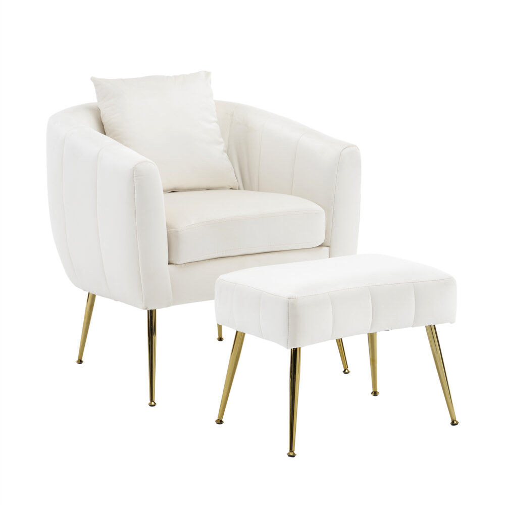 Velvet Accent Chair Set Barrel Chair with Ottoman Modern Club Chair Reading Armchair with Lumbar Pillow for Living Room, Bedroom, Study Room, Home Office Off-White #JL06-02698511 - Image 14