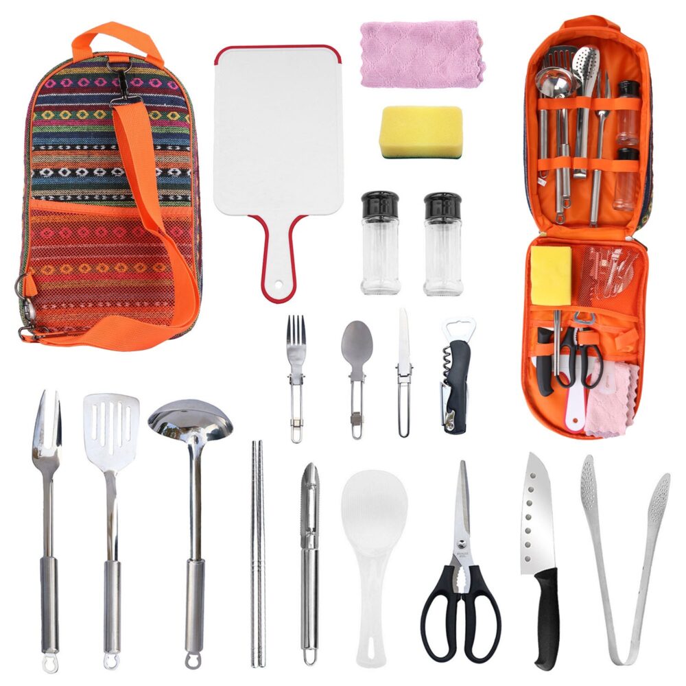 19Pcs Camping Cooking Utensil Kit Portable Picnic Cookware Outdoor Kitchen Equipment Gear Campfire Barbecue Appliances with Storage Bag #JL06-02523607