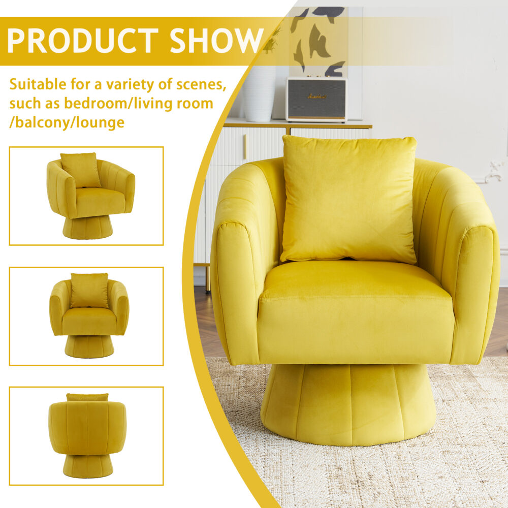 360° Swivel Accent Chair, Modern Velvet Fabric Living Room Armchair with Fluffy Cushions, Comfy Wide Upholstered, Barrel Accent Chairs for Living Room, Bedroom, Lounge, Office Yellow #JL06-26398206 - Image 18